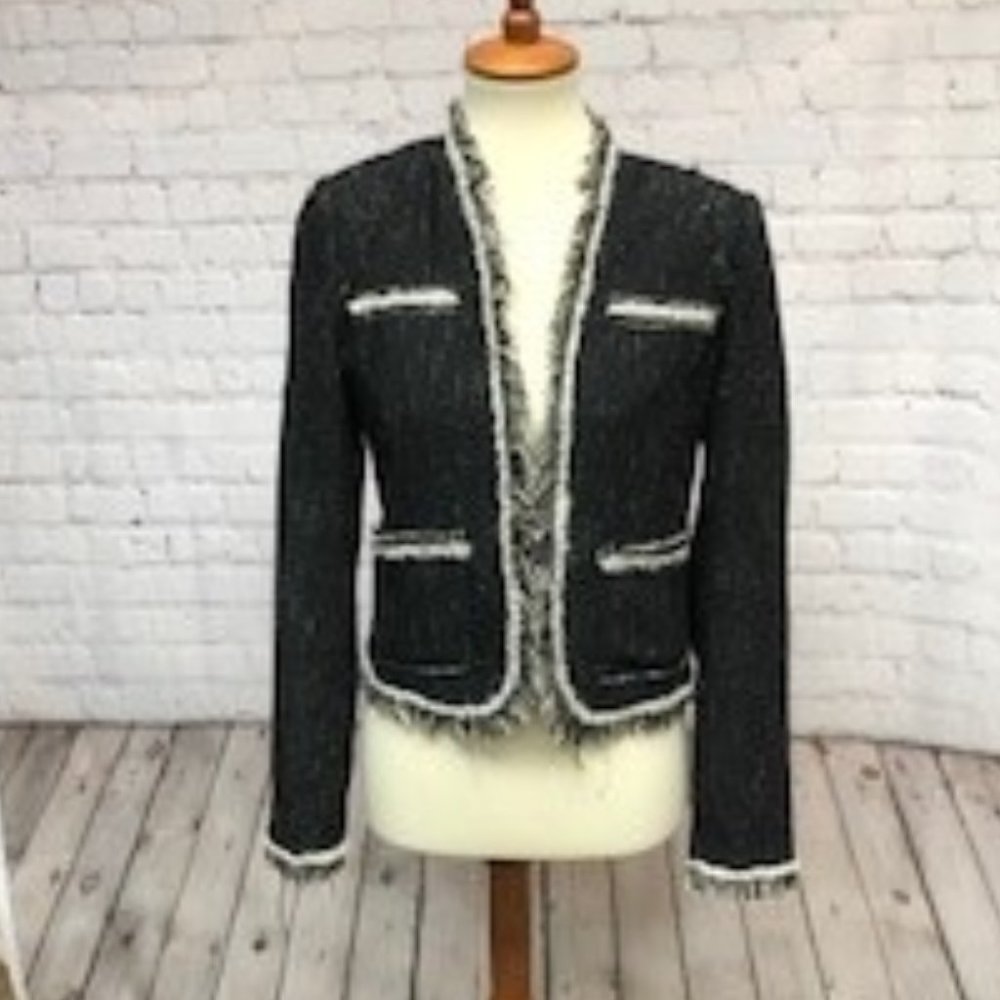 Rebecca Taylor tweed blazer with trim and pearl detail on pocket.